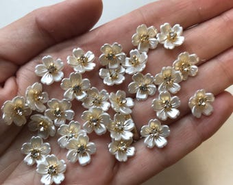 Mini White Acrylic Flowers: Rhinestone Sparkle Charms, DIY Crafts (25 pieces)