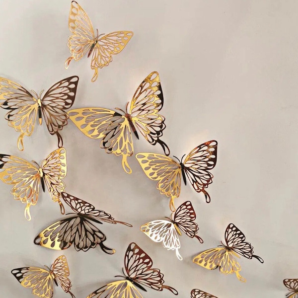 12er-Pack folierte Schmetterlinge in verschiedenen Größen | Kuchendeckel | Cupcake-Dekoration | Wanddekoration | Handwerk | Party | Roségold | Silber | Gold