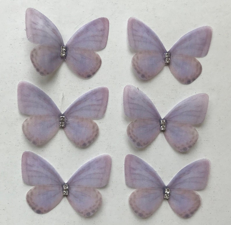Organza Butterfly Appliques with Rhinestones: Double Layer, 3D Embellishments, 5cm (Set of 6) Lilac