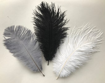 Véritable plume d'autruche colorée 25-30 cm | 10-12" | Noir | Gris | Blanc | Bleu marine | Décoration de gâteau | Artisanat | Arrangement floral | Présentoir pour la maison