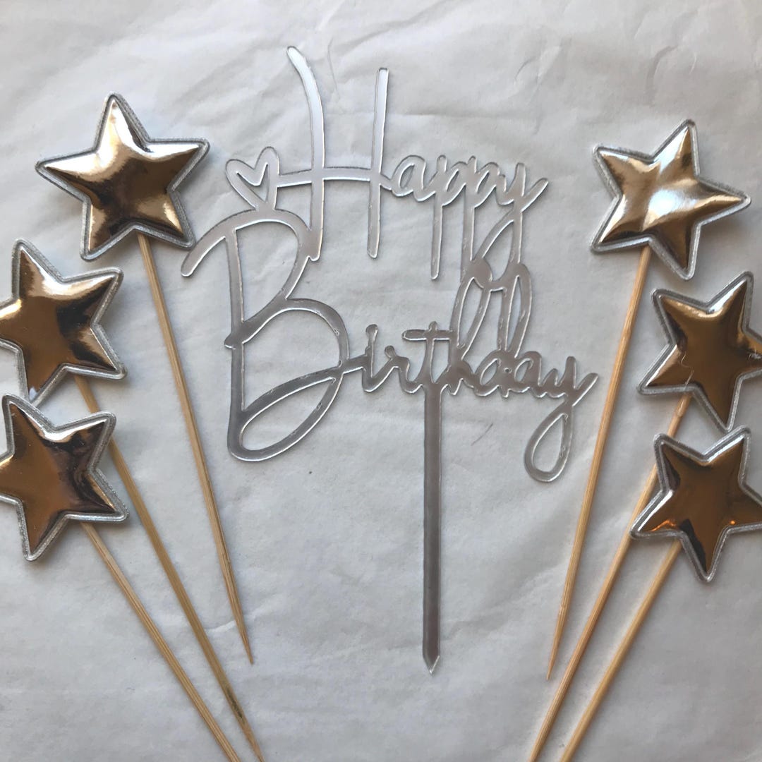 Silver Topper Silver Happy Birthday Cake Topper and 6 High Gloss Star Toppers : Party ...