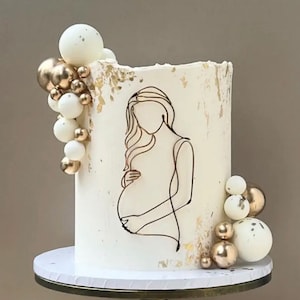 Przyszła matka mała sylwetka tort urok | Tort Bento | Sztuka liniowa | Współczesny | Złoto | Urok z boku | Kobieta w ciąży | Baby Shower