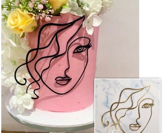 Line Silhouette Cake Topper | Black or Gold | Line Art | Ladies Face & Wavy Hair | Front  Profile | Single Line | Cake Charm | Side Charm |