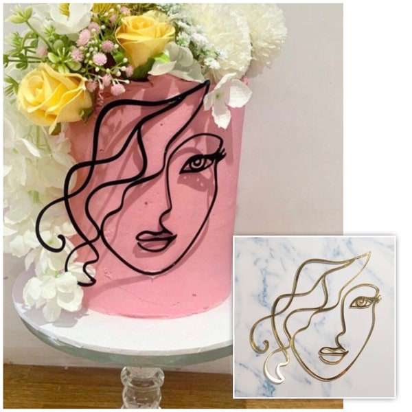 Décoration pour gâteau silhouette linéaire | Noir ou or | Dessin au trait | Visage et cheveux ondulés pour femmes | Profil avant | Ligne simple | Charm pour gâteau | côté charme |