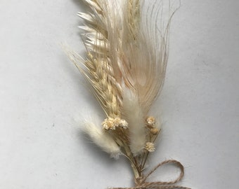 White Peacock Feather and Dried Flower Posy  | 20cm | White | Wedding |  Mini Bouquet | Cake Topper | Posy | Bridesmaid Proposal | UK |