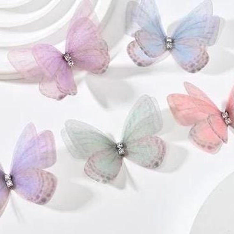 Organza Butterfly Appliques with Rhinestones: Double Layer, 3D Embellishments, 5cm (Set of 6) bild 3