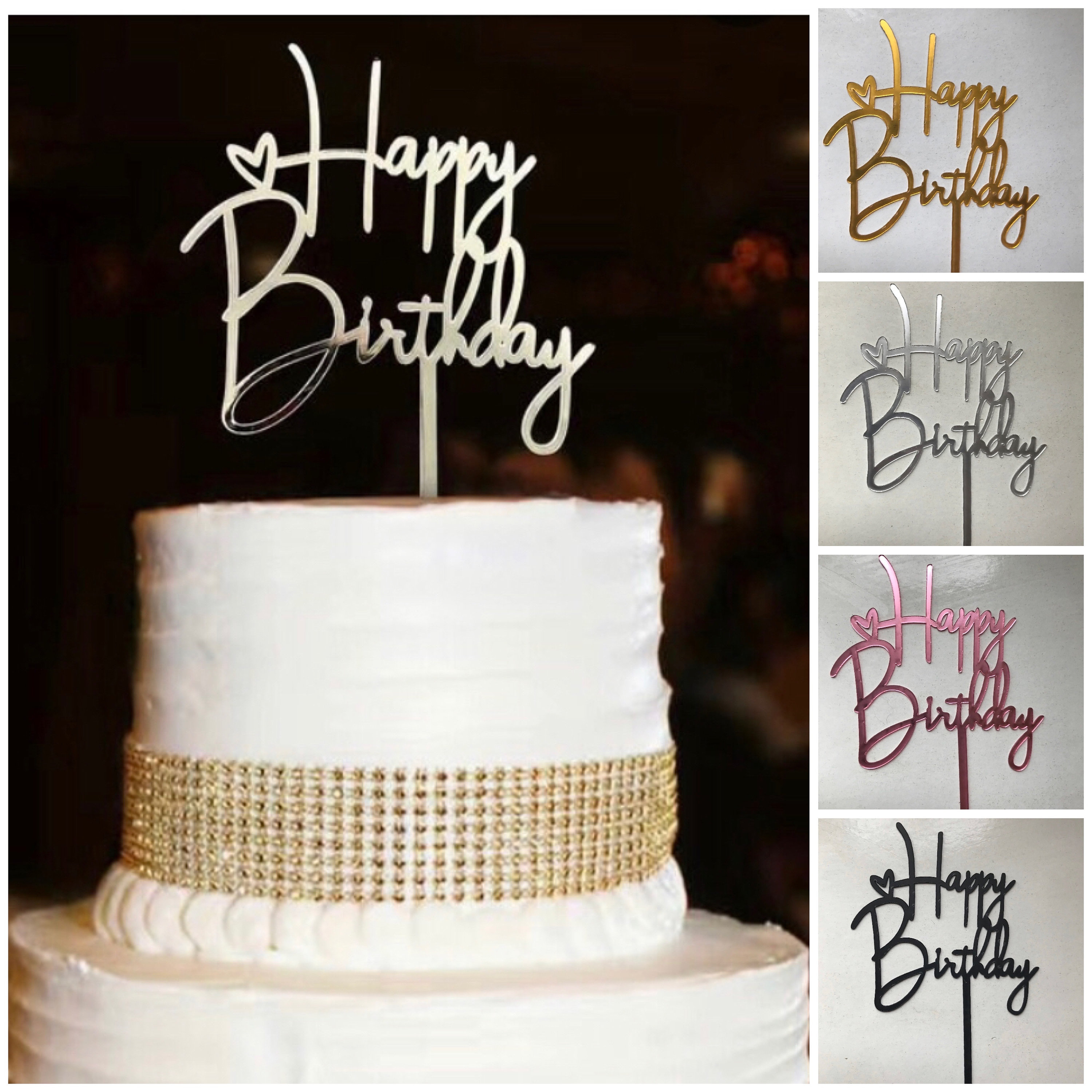 Set Di 3 Decorazioni Per Torta 'Happy Birthday' In Acrilico - Nero, Oro, Argento, Riutilizzabili - Foto 7