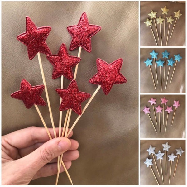 6 x Glitter Padded Star Cupcake Toppers on Sticks | Cupcake Picks |  Silver | Gold | Red | Blue | Pink | Decoration| Party | Celebrate |