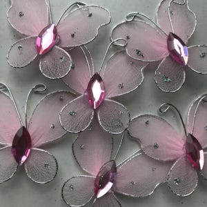 6 mariposas de organza de alambre / rosa / plateado / manualidades / adornos para tartas / cupcakes / tarjetas / manualidades / apliques / adornos