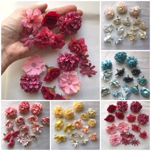 16 pezzi di fiori artificiali / blu / rosa / bianco / giallo / verde / torta / artigianato / fiori di seta finta / testa di fiore / matrimonio / festa
