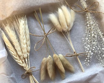 Dried Flower Cake Toppers:  White, Naturals Pampas, Wheat & Bunnytails (24 Piece)