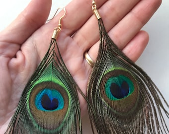 Peacock Feather Drop Earrings with silver or gold colour hooks  | Earring | Peacock Feather Jewellery | Bohemian Accessories | UK