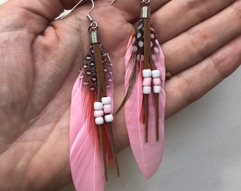 Boho Feather and Bead Drop Earrings | with silver hooks  | 7 colours | Boho | Feather Jewellery | Beading | Bohemian Accessories | UK