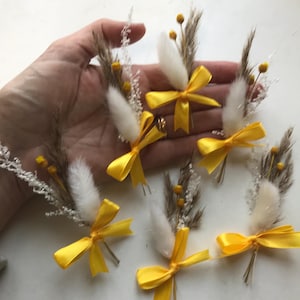 6 mini bouquets de fleurs séchées jaunes | Blanc | Naturel | 10-15 cm | Arc | Pâques | Ensoleillement | Décorations de gâteau pour petits gâteaux | Artisanat | Carte |