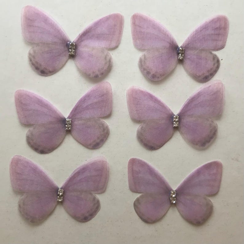 Organza Butterfly Appliques with Rhinestones: Double Layer, 3D Embellishments, 5cm (Set of 6) Mauve