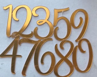 May include: Gold-coloured, cursive-style numbers 1, 2, 3, 4, 5, 6, 7, 8, and 9. The numbers are arranged in a slightly overlapping pattern. The numbers are likely cake toppers or decorative elements.