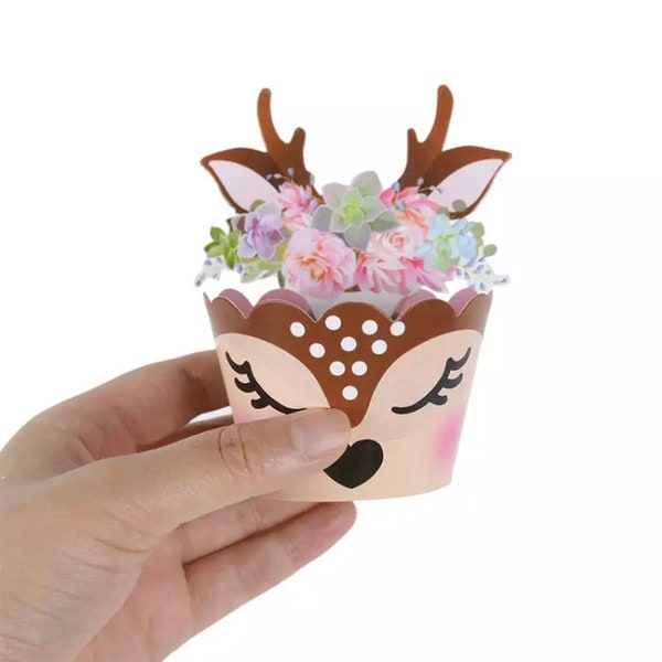 12 piece (6 wrappers and 6 antler ) Cute Deer Cupcake Wrappers with Antlers  | Cupcake Holder | Cake Decoration | UK | Party | Celebrate