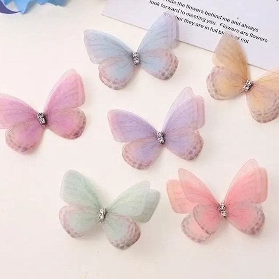 Organza Butterfly Appliques with Rhinestones: Double Layer, 3D Embellishments, 5cm (Set of 6)