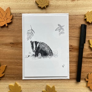 Carte de voeux de blaireau (noir et blanc) - Carte unique avec enveloppe blanche - Intérieur vierge