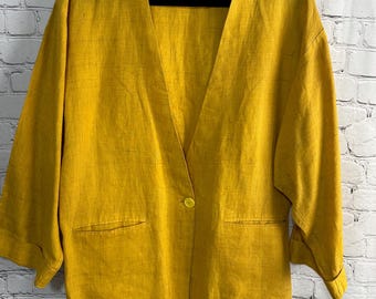 Chaqueta tipo blazer minimalista vintage Gloria Sachs New York color amarillo mostaza, aspecto de lino y seda slub, corte recto, ideal para el trabajo, talla 4