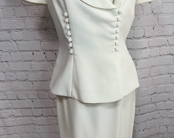 Vintage Watters & Watters Ivory 2 Piece Skirt Suit Size 10 Made USA Bridal Wedding Church Mother of the Bride Peplum Jacket