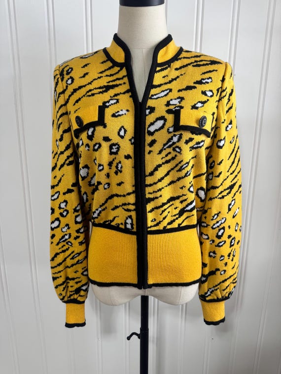 Vintage 90s Eric Steven Knit Jacket – Yellow Animal Print, Shoulder Pads