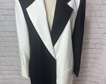 Blazer vintage de los 80 de Jacqueline Ferrar, color block, negro y blanco, chaqueta larga de corte elegante, estilo minimalista para el trabajo, talla 12 de EE. UU.