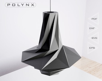 May include: A black geometric pendant light fixture with a modern design. The light is suspended from the ceiling by a thin cord.