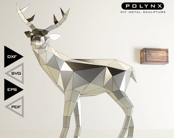 Modèle de sculpture en métal DIY Deer pour la découpe laser, sculpture en métal lowpoly Deer, fichiers DXF, modèle métallique pepakura, fichiers métalliques DIY