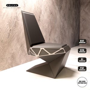 Op de afbeelding: Een moderne, geometrische stoel met een donkergrijze afwerking en een diamantvormige basis. De zitting heeft een zilverkleurig geometrisch ontwerp. De stoel heeft een hoge, hoekige rugleuning. De tekst "POLYNX DIY METAL ORIGAMI CHAIR" staat linksboven.