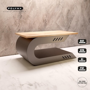 Puede incluir: Un diseño de silla de origami de metal para hacer tú mismo con una tapa de madera. El diseño es una forma de C curvada con recortes en los lados. La imagen incluye el texto "POLYNX DIY METAL ORIGAMI CHAIR" y opciones de descarga para archivos DXF, SVG, AI, PDF y de corte por láser CNC.