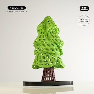 Puede incluir: Una escultura de árbol verde lima impresa en 3D con un diseño único de tejido abierto. El árbol tiene un tronco marrón y se asienta sobre una base negra. La imagen incluye el texto "POLYNYX 3D PRINTING MODELS" y "STL DOWNLOAD".