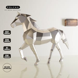 May include: A geometric metal sculpture of a horse in a walking pose. The sculpture is silver and has a faceted design. The image includes the text "POLYNX DIY METAL SCULPTURE" and download options for CNC laser cutting files.