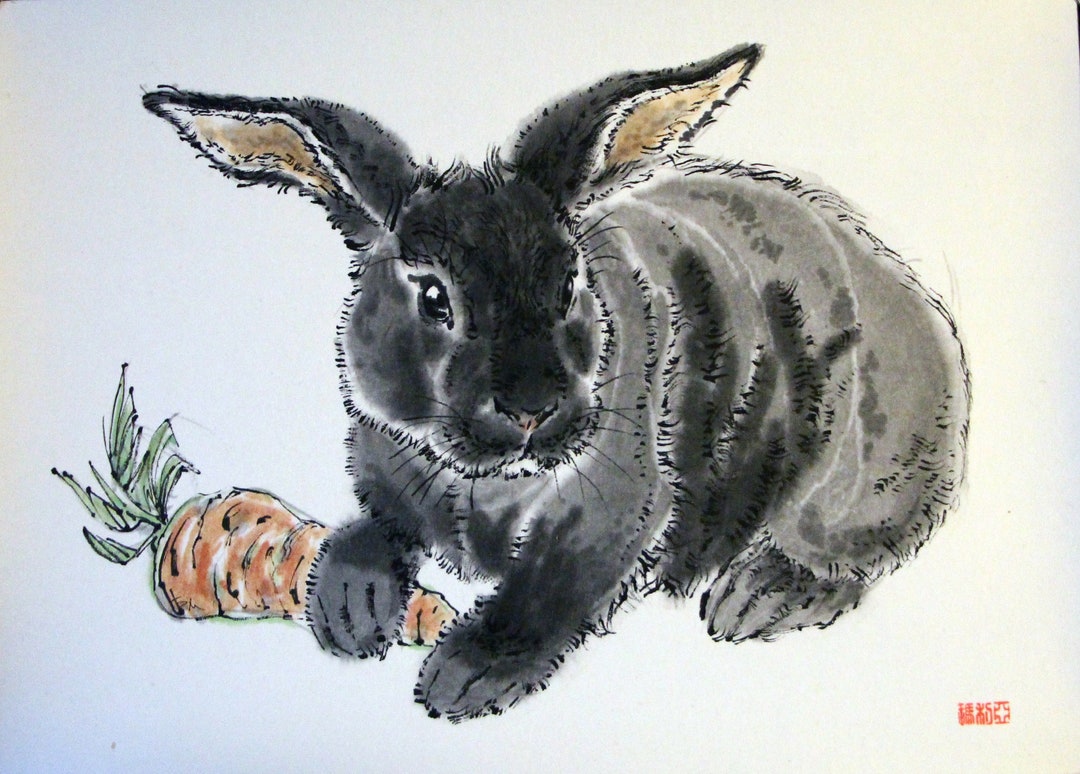 Rabbit Painting Watercolor Animal Art Chinese Ink (8.2 X 11.7 Inches ...