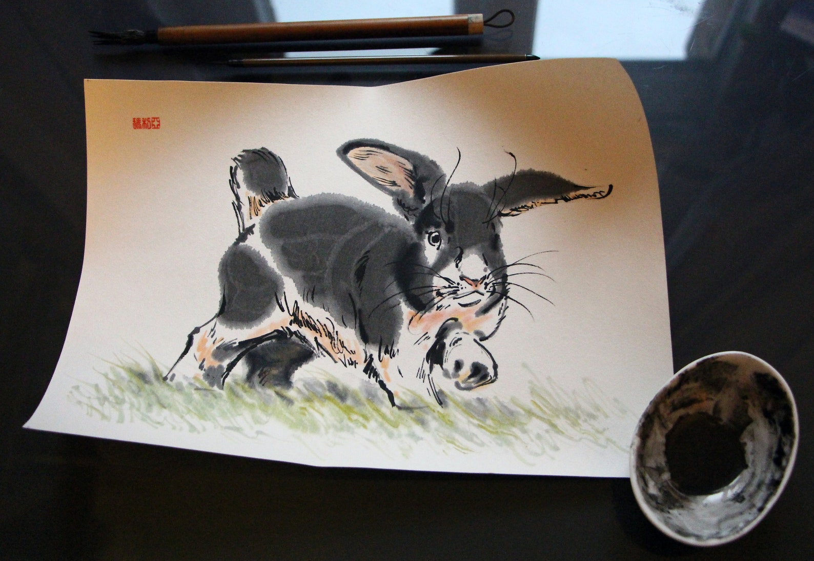 Original Rabbit Watercolor Painting: Chinese Ink Animal Art (8.2 X 11.7 ...