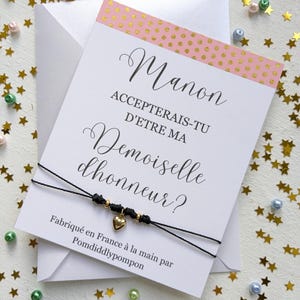 Bracelet demoisselle d’honneur en cordon réglable avec une breloque en forme de cœur, carte de demande de nom personnalisé, invitation