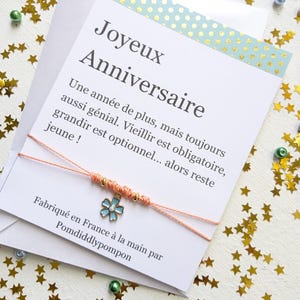 Bracelet cadeau d’anniversaire, carte d'anniversaire, cordon réglable avec breloque fleur, bracelet d'amitié, bijoux cadeau pour elle