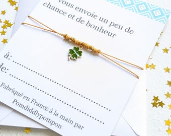 Verstellbares Freundschaftsarmband mit Charm, personalisiertes Glücksgeschenk, vierblättriges Kleeblatt-Schmuck, Glückskarte