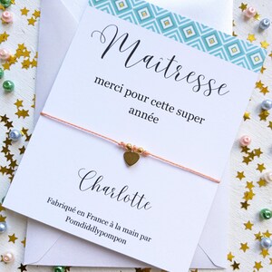 Bracelet pour une Maitresse sur un cordon, carte personnalisée avec enveloppe, cadeau enseignant personnalisé, cadeau de fin d'année