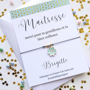 Bracelet pour une Maitresse sur un cordon, carte personnalisée avec enveloppe, cadeau enseignant personnalisé, cadeau de fin d'année