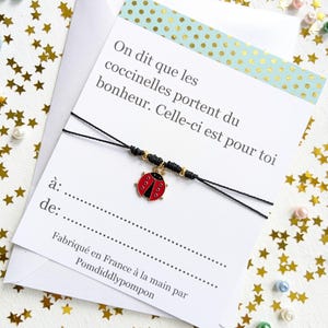 Bracelet d'amitié réglable avec breloque, cadeau porte-bonheur personnalisé, bijoux avec coccinelle, carte de bonne chance nom personnalisé