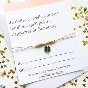 Bracelet d'amitié réglable avec breloque, cadeau porte-bonheur personnalisé, bijoux trèfle à quatre feuilles, carte de bonne chance