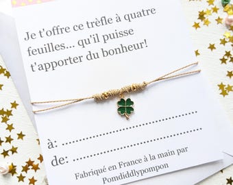 Verstellbares Freundschaftsarmband mit Charm, personalisiertes Glücksgeschenk, vierblättriges Kleeblatt-Schmuck, Glückskarte