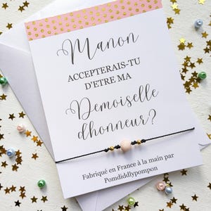 Bracelet demoisselle d’honneur en cordon réglable avec une perle en pierre naturelle,  carte de demande de nom personnalisé, invitation