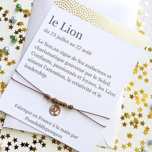 Bracelet horoscope à cordon réglable, cadeau signe astrologique, bijoux avec breloque le lion, carte avec cadeau d'anniversaire