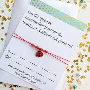Bracelet d'amitié réglable avec breloque, cadeau porte-bonheur personnalisé, bijoux avec coccinelle, carte de bonne chance nom personnalisé