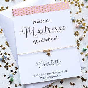 Bracelet pour une Maitresse sur un cordon, carte personnalisée avec enveloppe, cadeau enseignant personnalisé, cadeau de fin d'année