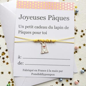 Bracelet de Pâques sur cordon réglable, carte personnalisée avec enveloppe, bijou minimaliste avec breloque lapin, cadeau cloches de Pâques