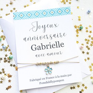 Carte d'anniversaire personnalisée avec enveloppe, bracelet cadeau d'anniversaire, cordon réglable avec breloque fleur, bracelet d'amitié