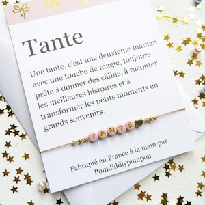 Bracelet réglable pour une tante, perles roses et coeur doré, cadeau pour tata avec carte et enveloppe, bracelet d'amitié signification
